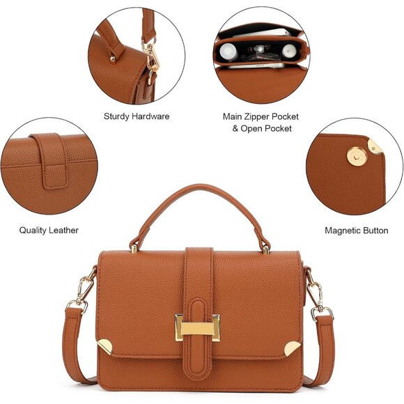 Women's B-brown Leather Satchel Small Classy Crossbody Bag Purse Fashion Handbag - Picture 5 of 7